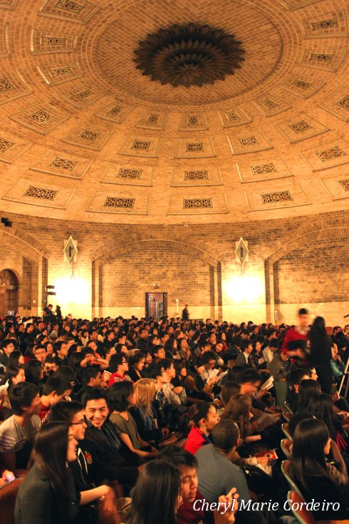 Penn auditorium, full crowd to Red Dot Dreaming, Sing City 3 musical by Singaporeans.